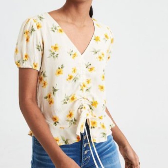 American Eagle Outfitters Tops - American Eagle Yellow Floral Cinched Top NWT